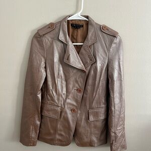 Theory Brown Leather Moto Jacket with Notched Lapel